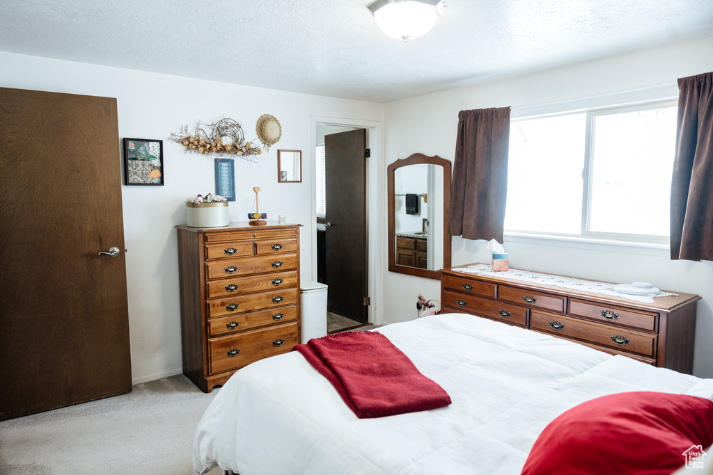Bedroom featuring light carpet