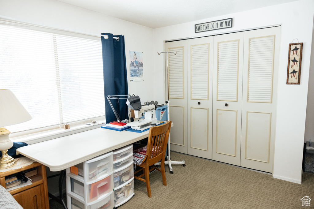Office space featuring light colored carpet