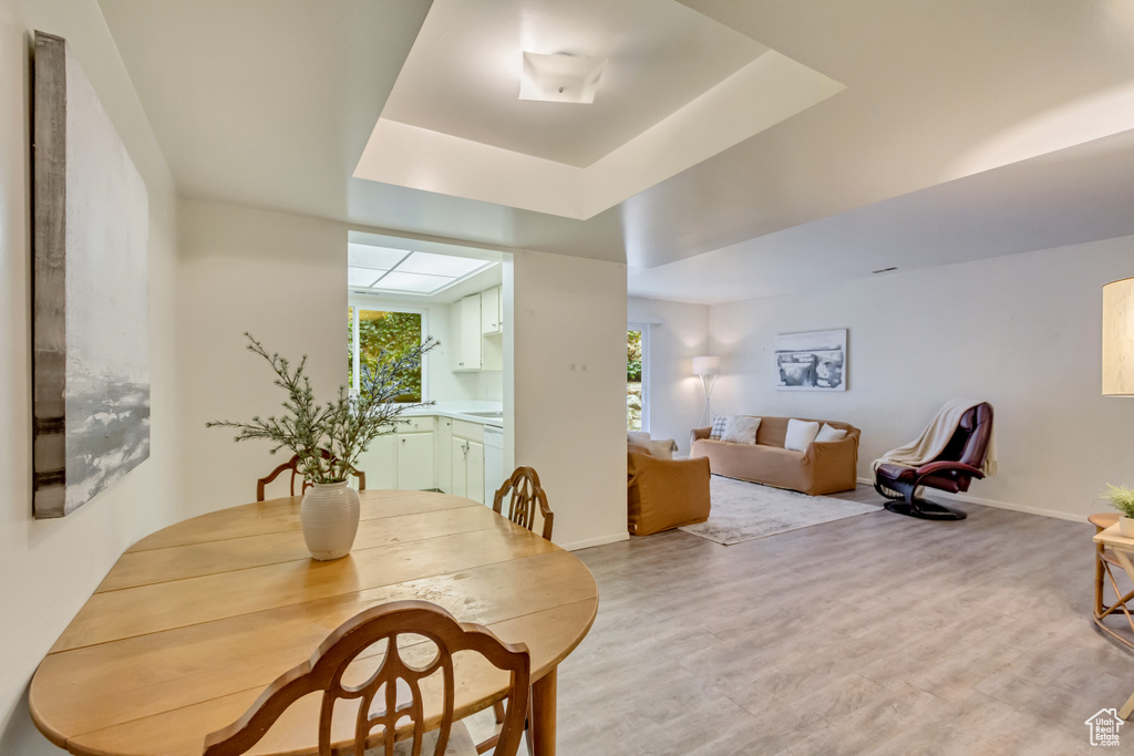 Dining space featuring baseboards, a tray ceiling, a healthy amount of sunlight, and light wood-style floors