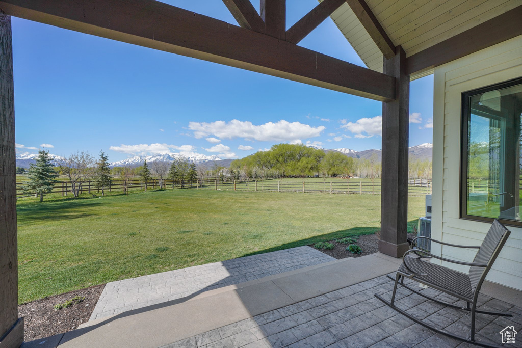 View of patio / terrace featuring a mountain view, a rural view, and a fenced backyard