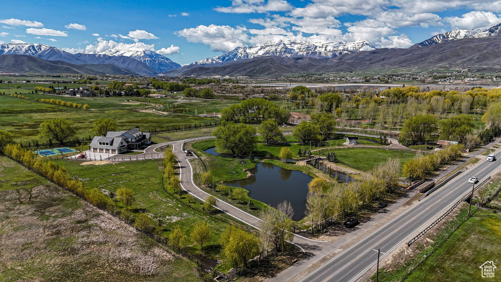 Bird\'s eye view featuring a water and mountain view