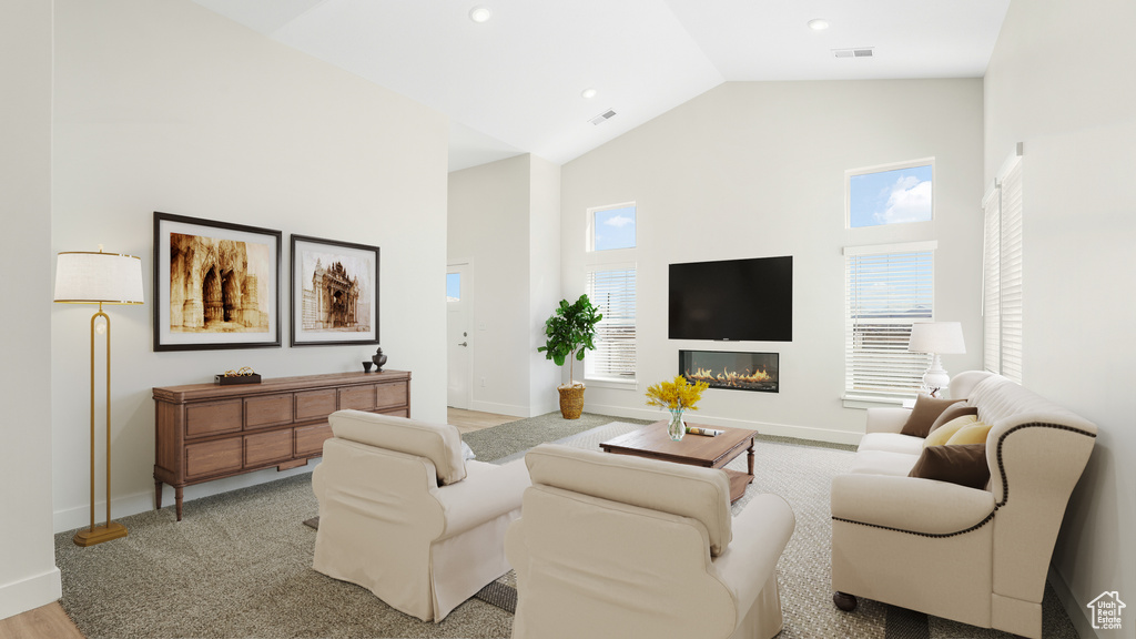 Living room with high vaulted ceiling