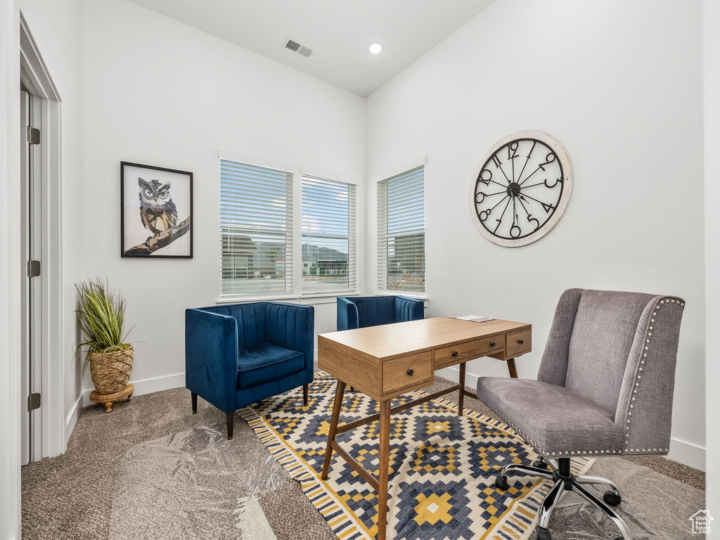 Home office featuring carpet, baseboards, and recessed lighting