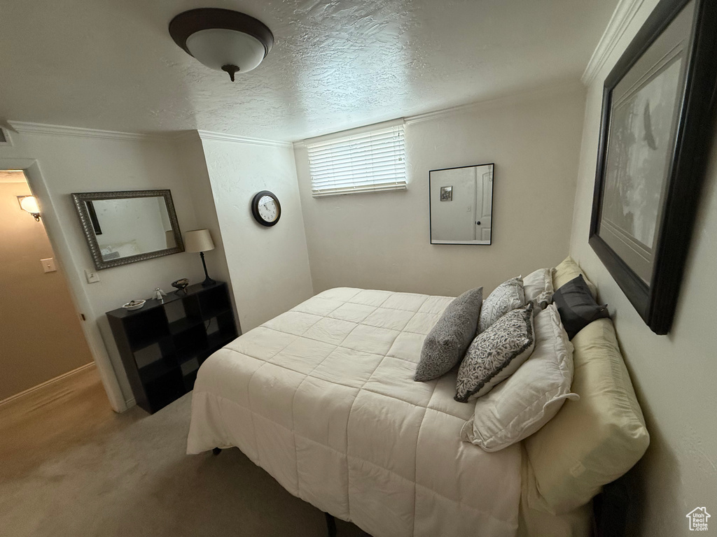 Carpeted bedroom with crown molding