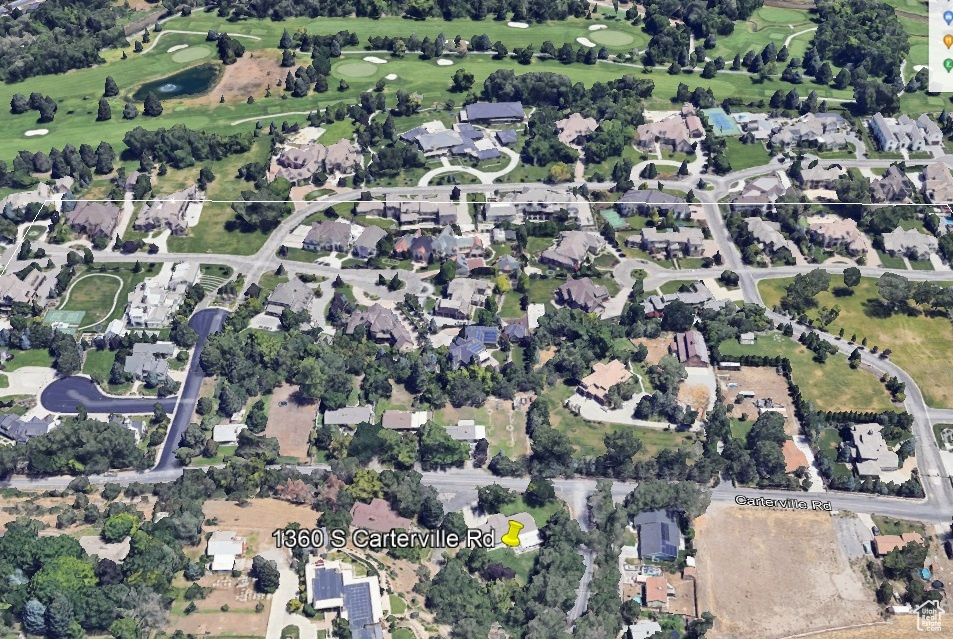 Drone / aerial view featuring a residential view and golf course view