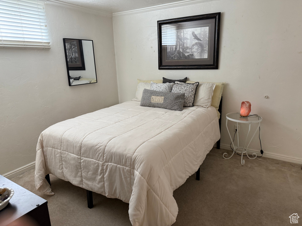 Carpeted bedroom featuring crown molding and baseboards