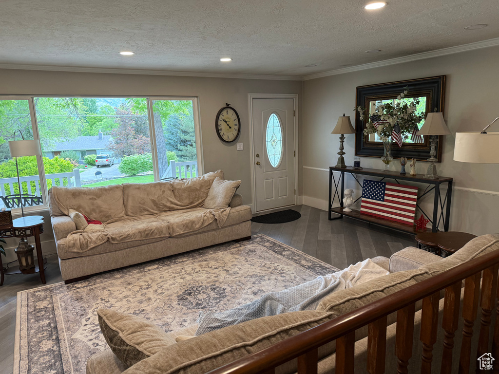 Living area with wood finished floors, a textured ceiling, recessed lighting, ornamental molding, and baseboards