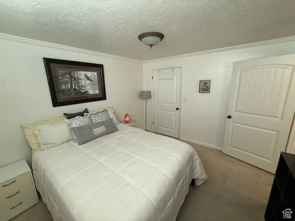 Carpeted bedroom with a textured ceiling and ornamental molding