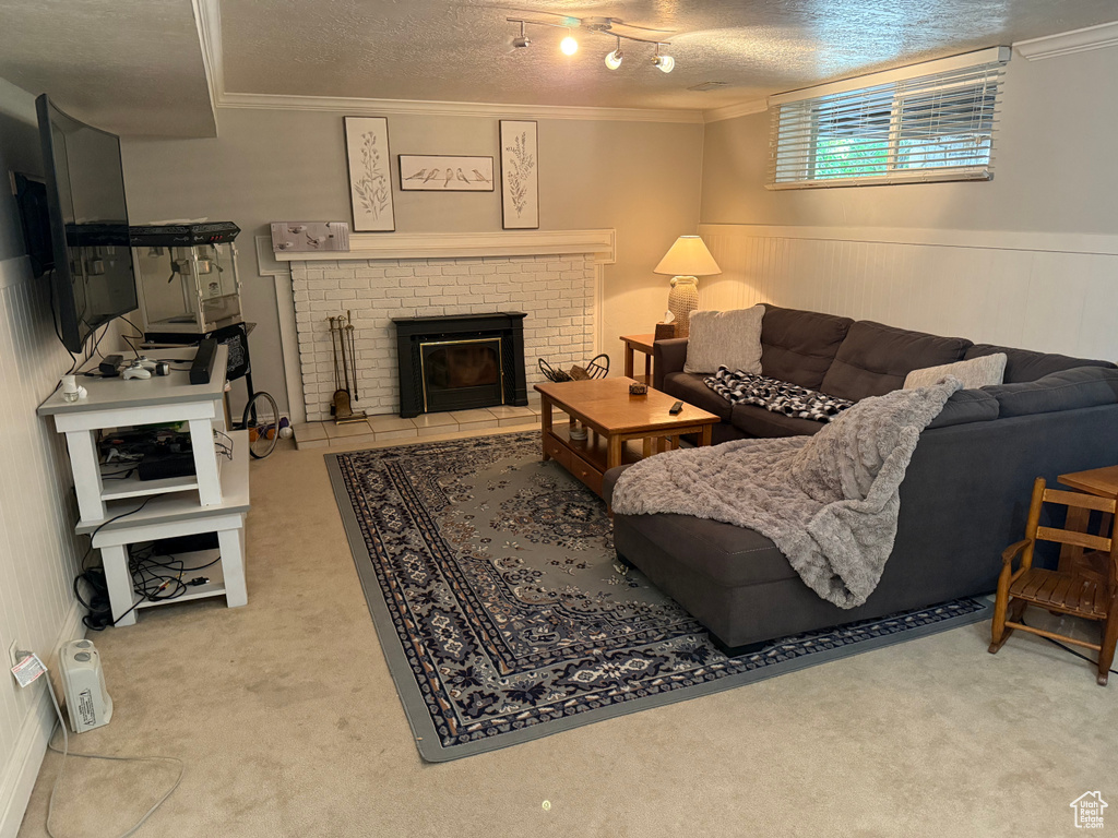Carpeted living area featuring a textured ceiling, crown molding, a fireplace, and wainscoting