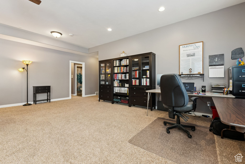 Office featuring carpet, baseboards, and recessed lighting