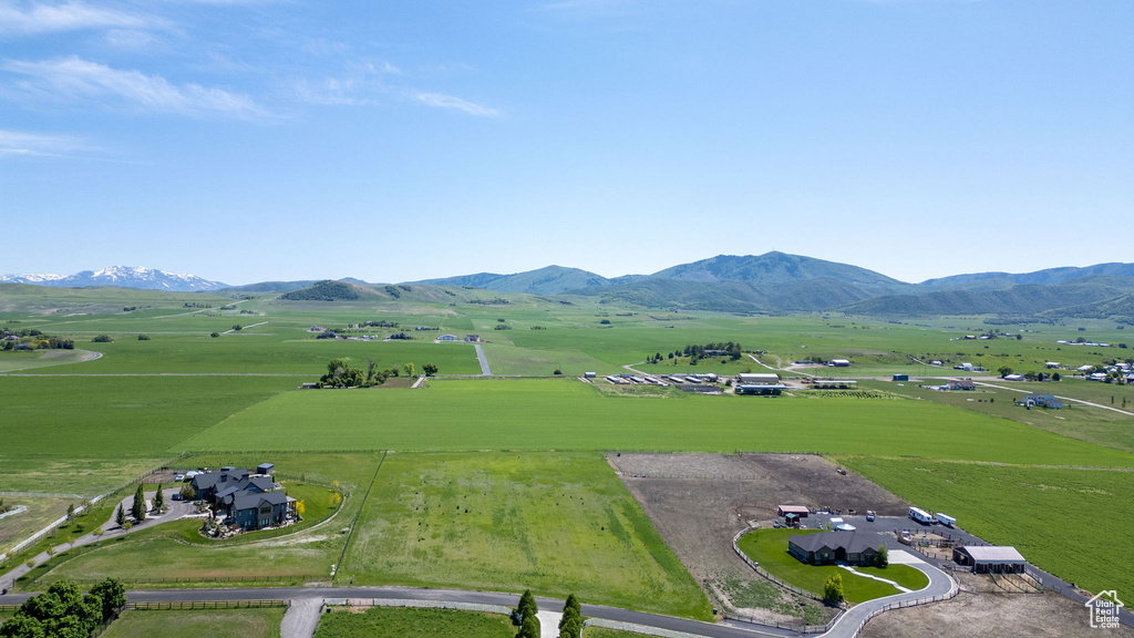 Overview of rural landscape featuring a mountainous background