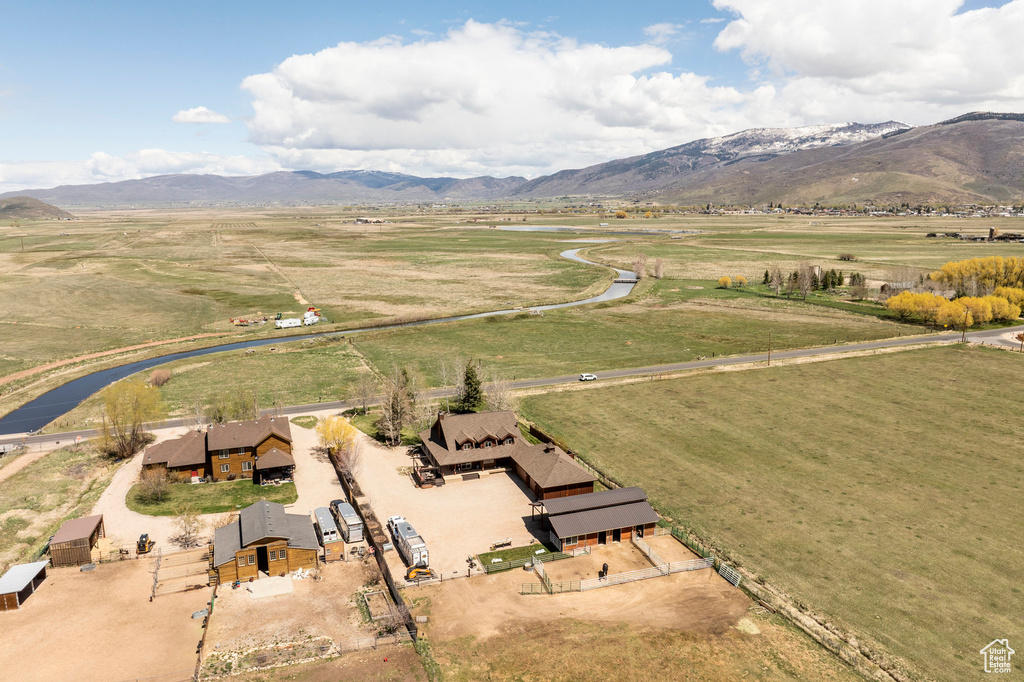 Drone / aerial view featuring a mountain view and a rural view