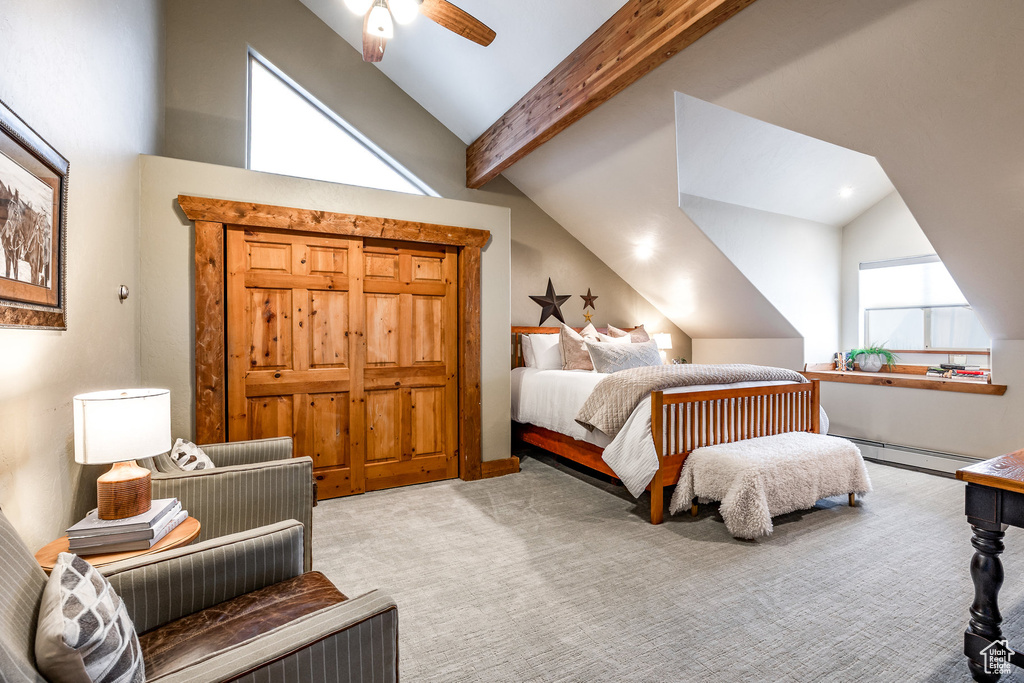 Bedroom with vaulted ceiling with beams, a ceiling fan, carpet, and baseboard heating
