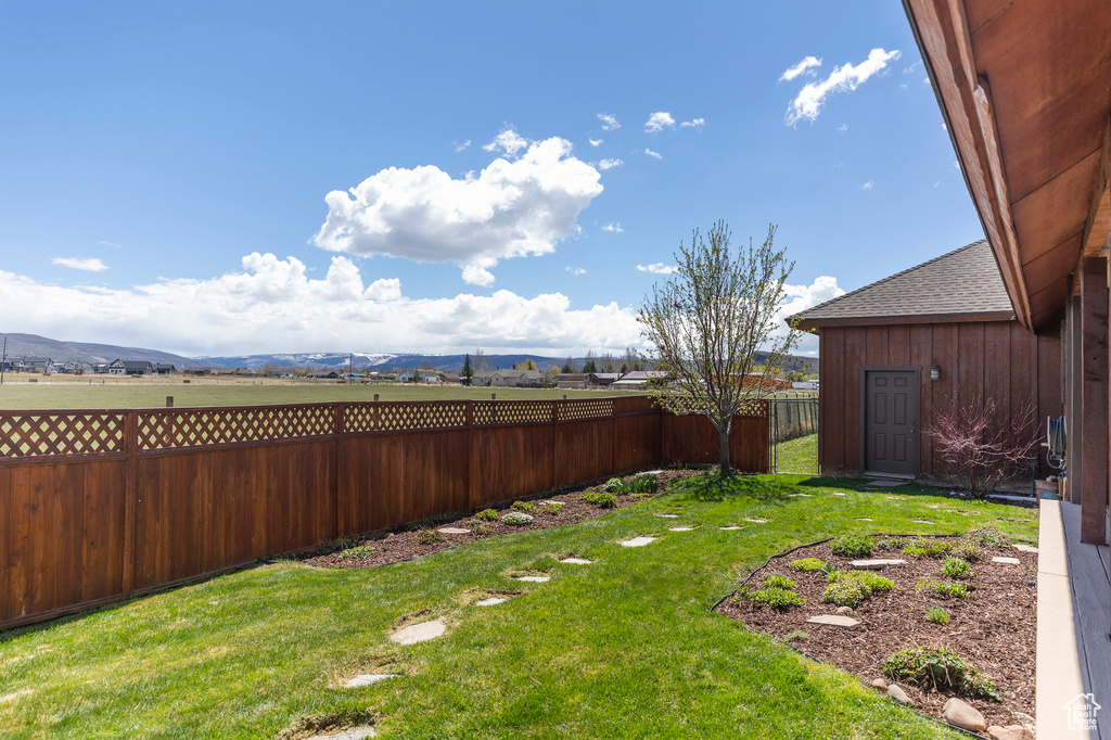 View of yard featuring a fenced backyard and a mountain view