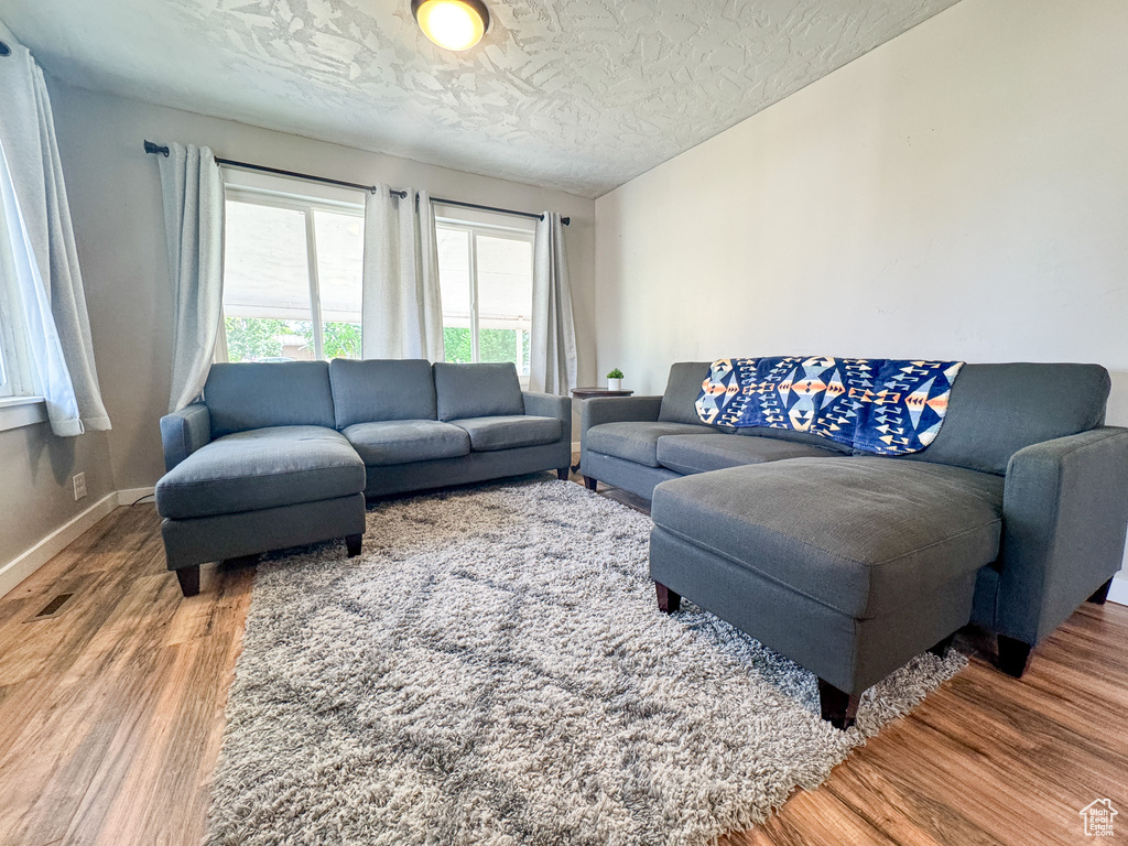 Living room with wood finished floors, a textured ceiling, and baseboards