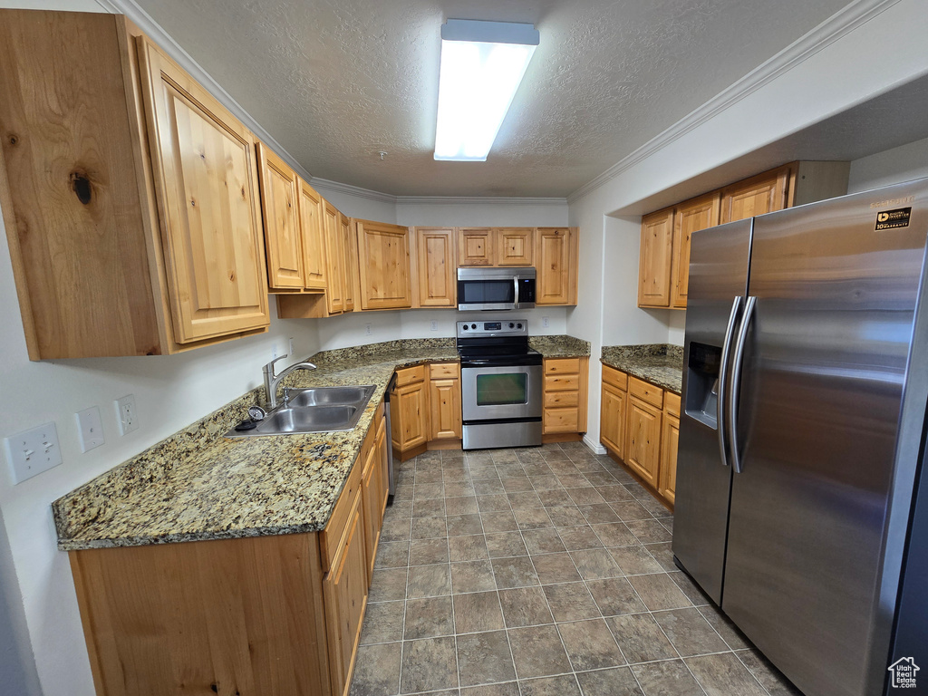 Kitchen with ornamental molding, a textured ceiling, stainless steel appliances, a sink, and light brown cabinetry
