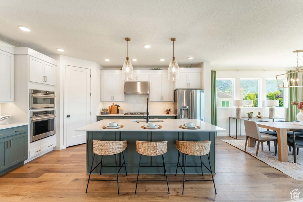 Kitchen featuring a kitchen island with sink, light wood-type flooring, light countertops, under cabinet range hood, and appliances with stainless steel finishes