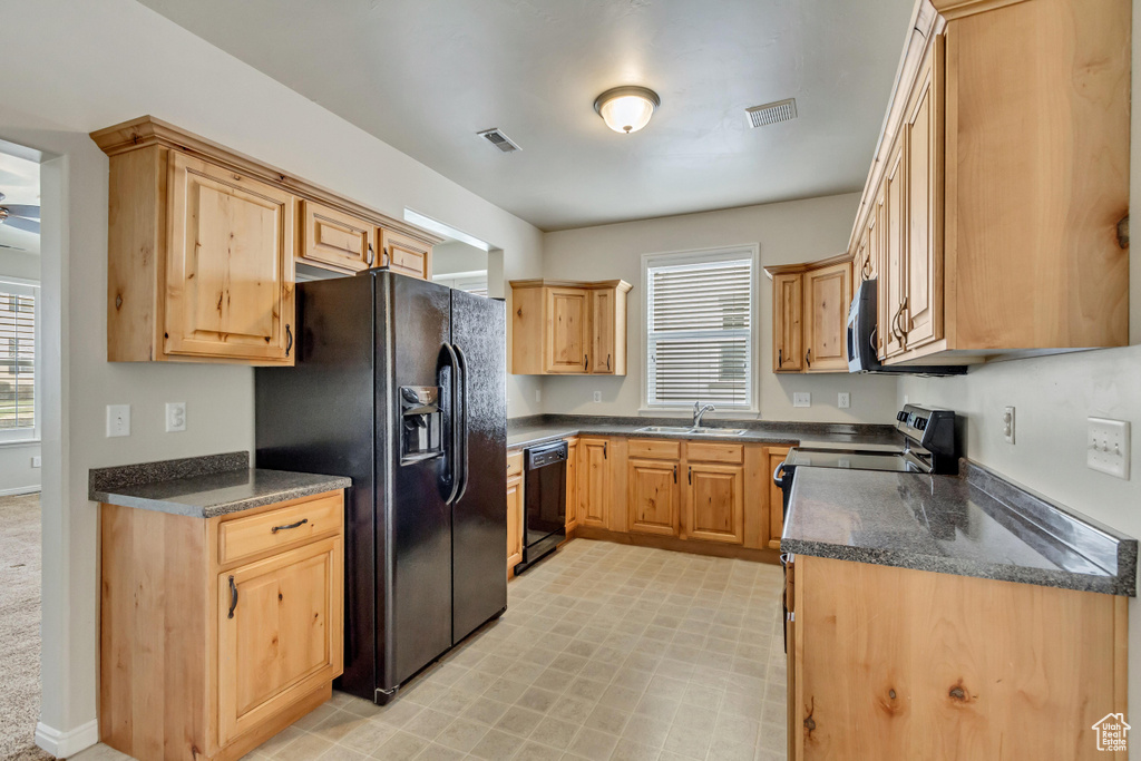 Kitchen featuring black appliances, plenty of natural light, a sink, and visible vents