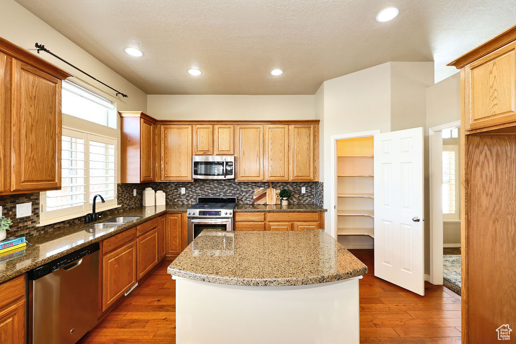 Kitchen featuring dark wood-style flooring, appliances with stainless steel finishes, a kitchen island, and a sink