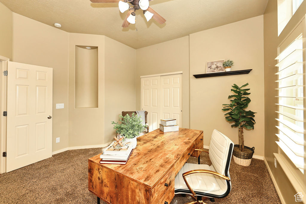 Office featuring ceiling fan, baseboards, and dark colored carpet