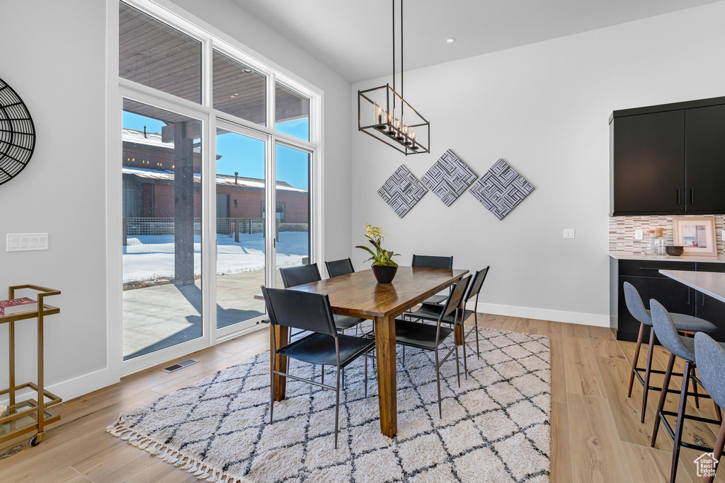 Dining room featuring light wood finished floors, visible vents, and baseboards