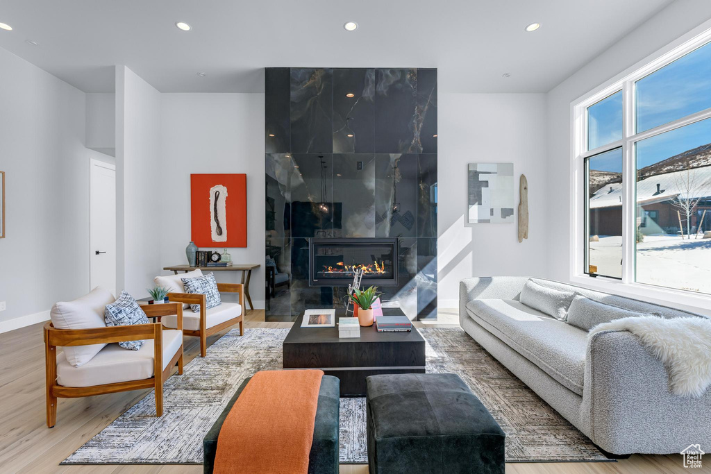 Living room with a fireplace, baseboards, wood finished floors, and recessed lighting