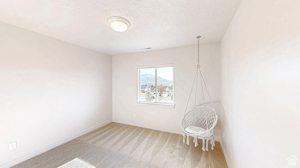 Carpeted empty room with a textured ceiling, visible vents, and baseboards