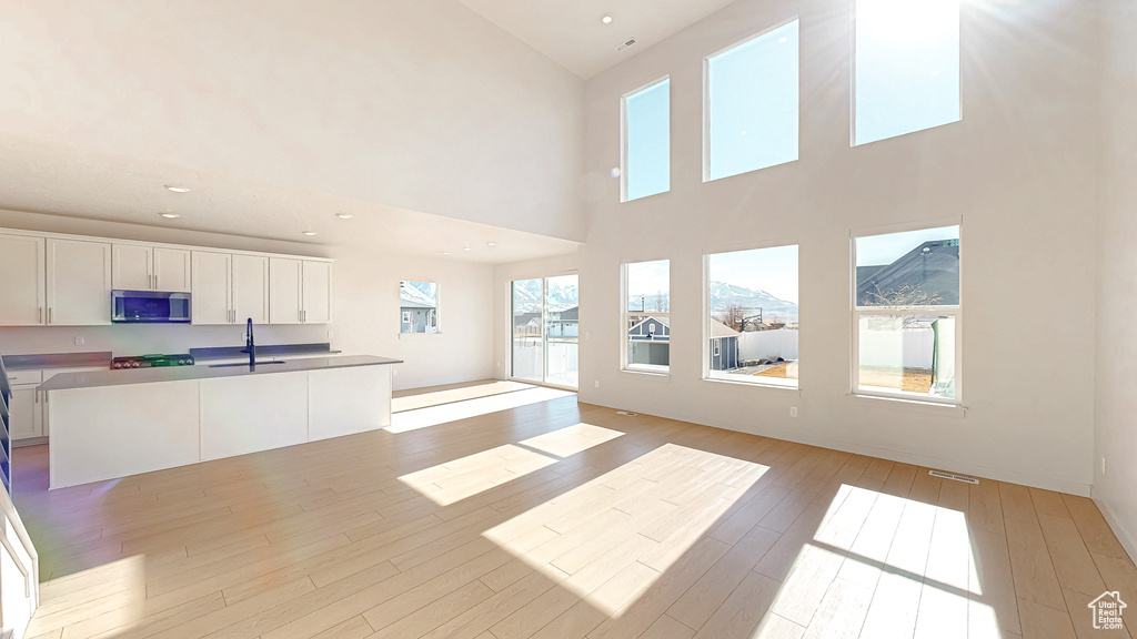 Living area featuring recessed lighting, a mountain view, and light wood-style floors