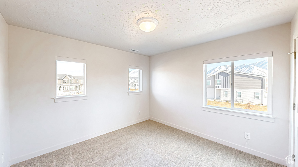 Carpeted empty room with visible vents, a textured ceiling, and baseboards