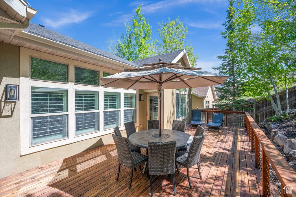 Wooden deck featuring outdoor dining space
