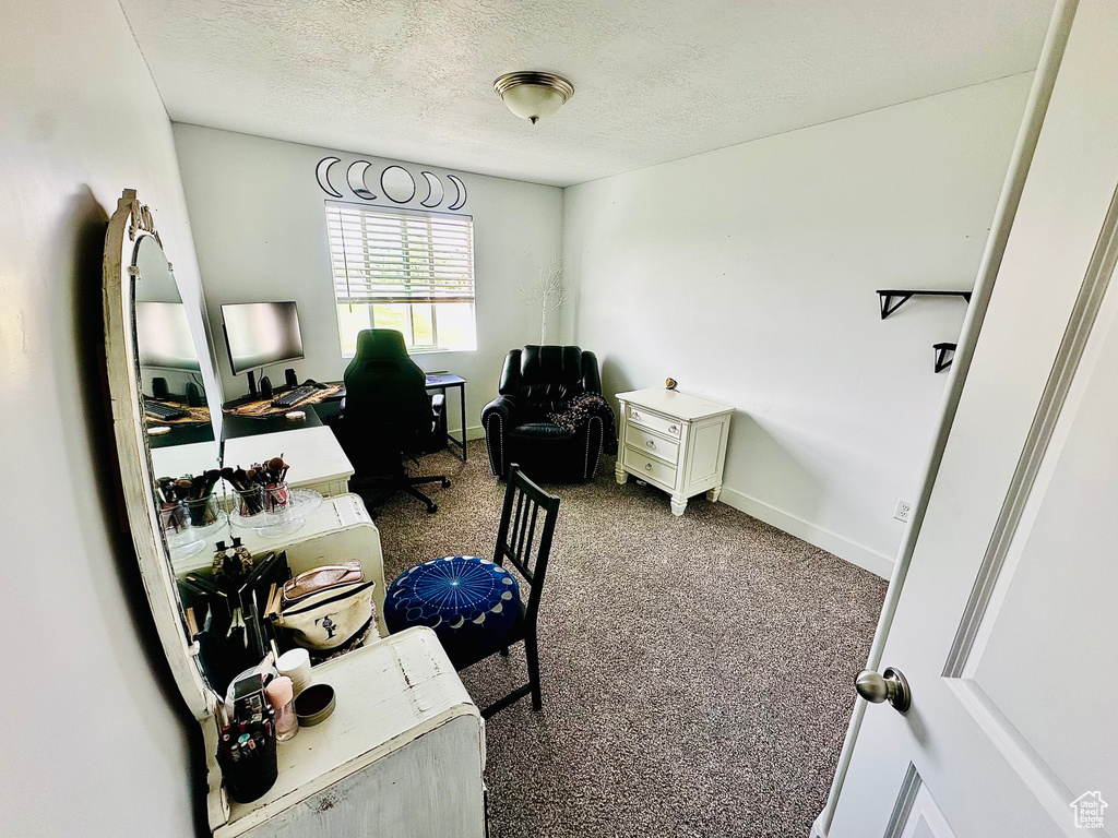 Carpeted office space with a textured ceiling and baseboards