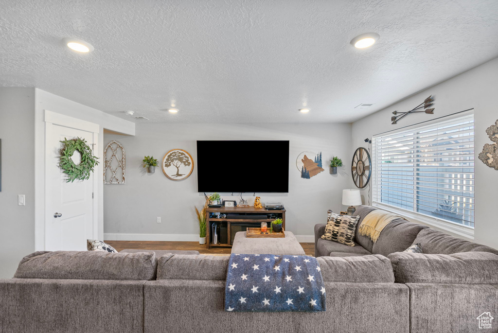 Living area featuring recessed lighting, baseboards, a textured ceiling, and wood finished floors