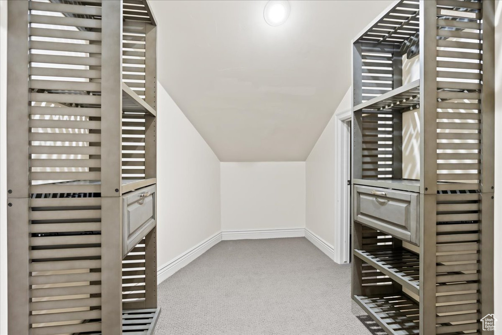 Spacious closet featuring lofted ceiling and light colored carpet