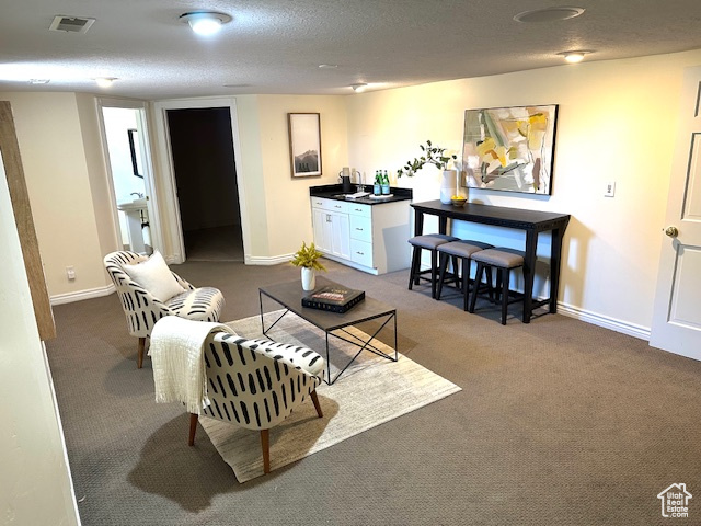 Living area featuring carpet flooring, baseboards, and visible vents