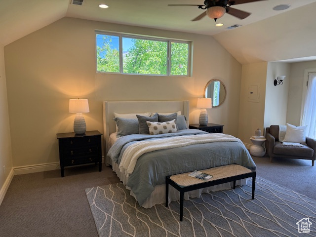 Carpeted bedroom featuring visible vents, baseboards, recessed lighting, a ceiling fan, and vaulted ceiling