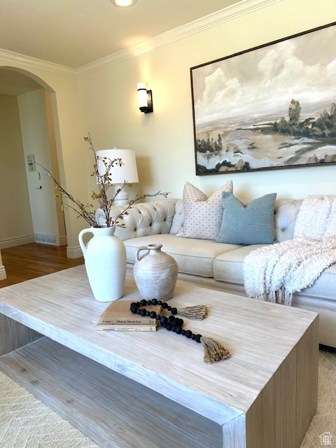 Living area featuring crown molding, arched walkways, baseboards, and light wood finished floors