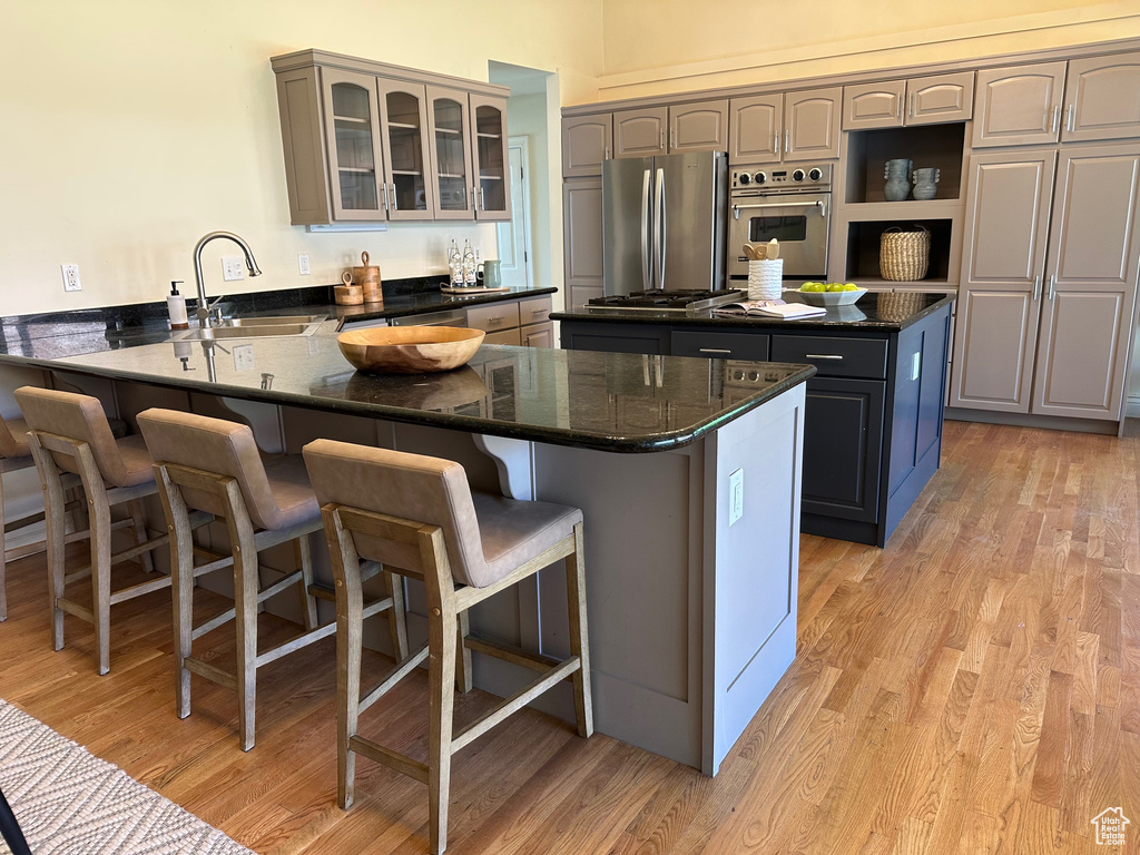 Kitchen featuring light wood-style floors, a sink, a peninsula, and stainless steel appliances