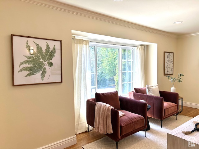 Living area with baseboards, ornamental molding, and light wood-style floors