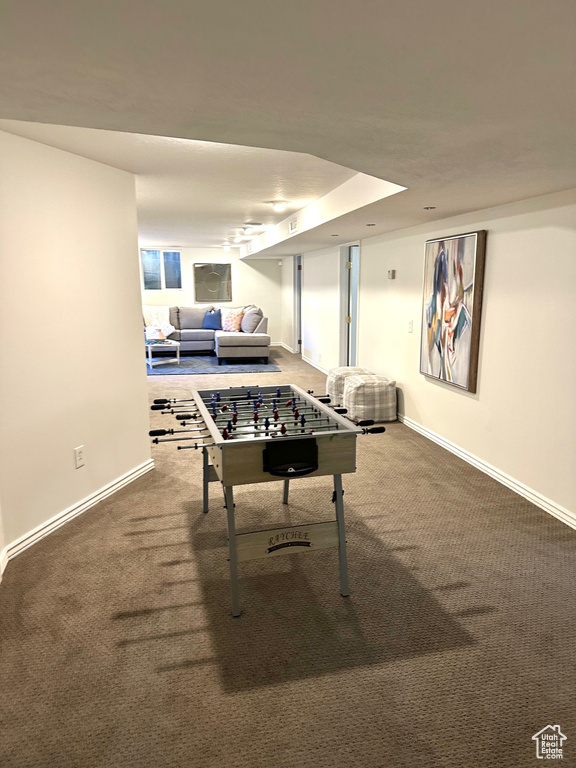 Recreation room featuring carpet floors and baseboards