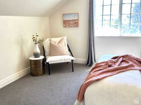 Bedroom with baseboards, vaulted ceiling, and carpet flooring
