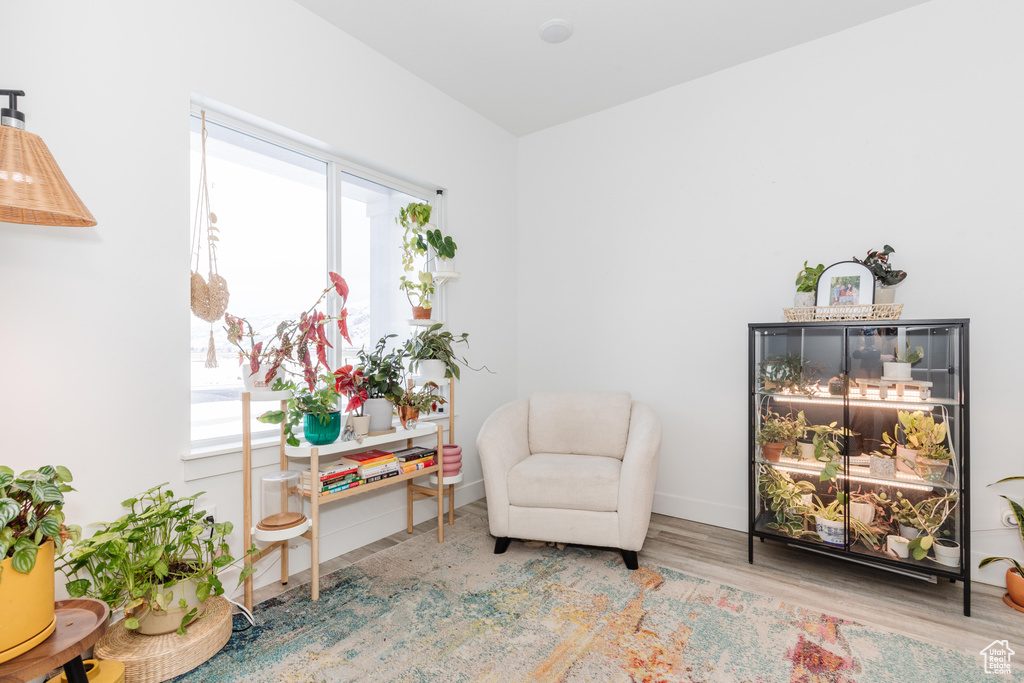 Sitting room featuring a healthy amount of sunlight, baseboards, and wood finished floors