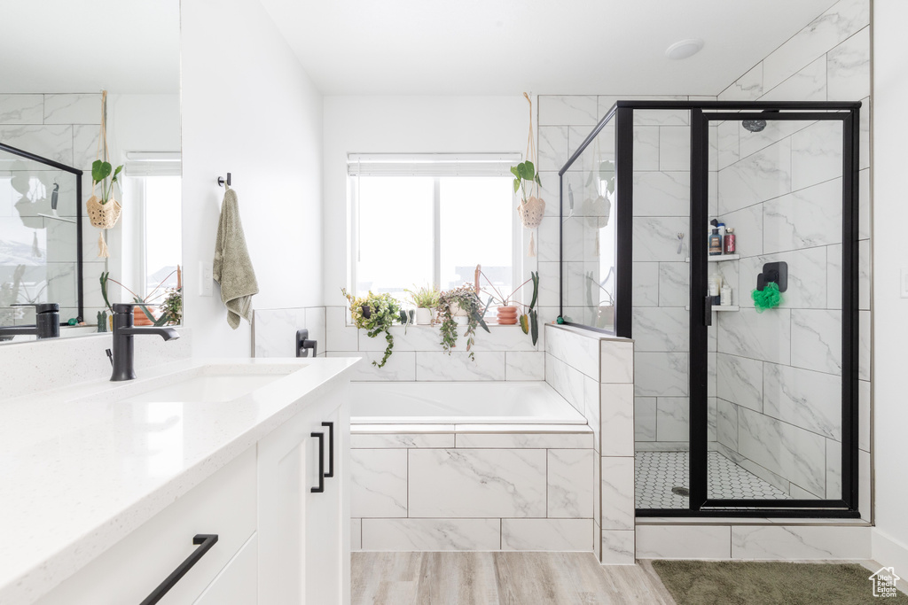 Bathroom featuring vanity, a shower stall, and a bath