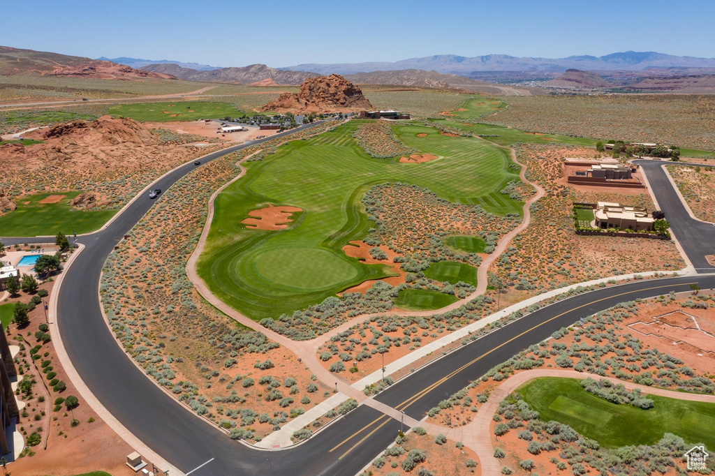 Aerial view featuring a mountain view and golf course view