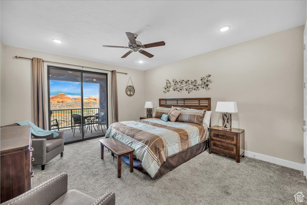 Bedroom featuring recessed lighting, light colored carpet, ceiling fan, access to outside, and baseboards