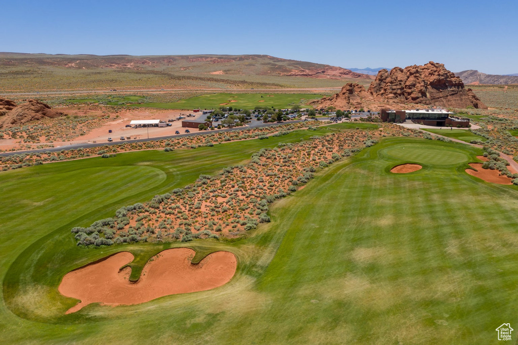 Bird\'s eye view featuring view of golf course and a mountain view