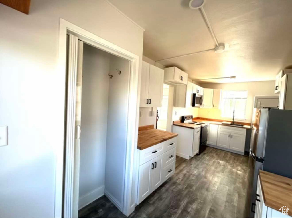 Kitchen featuring white cabinets, dark wood-style floors, butcher block countertops, stainless steel appliances, and a sink