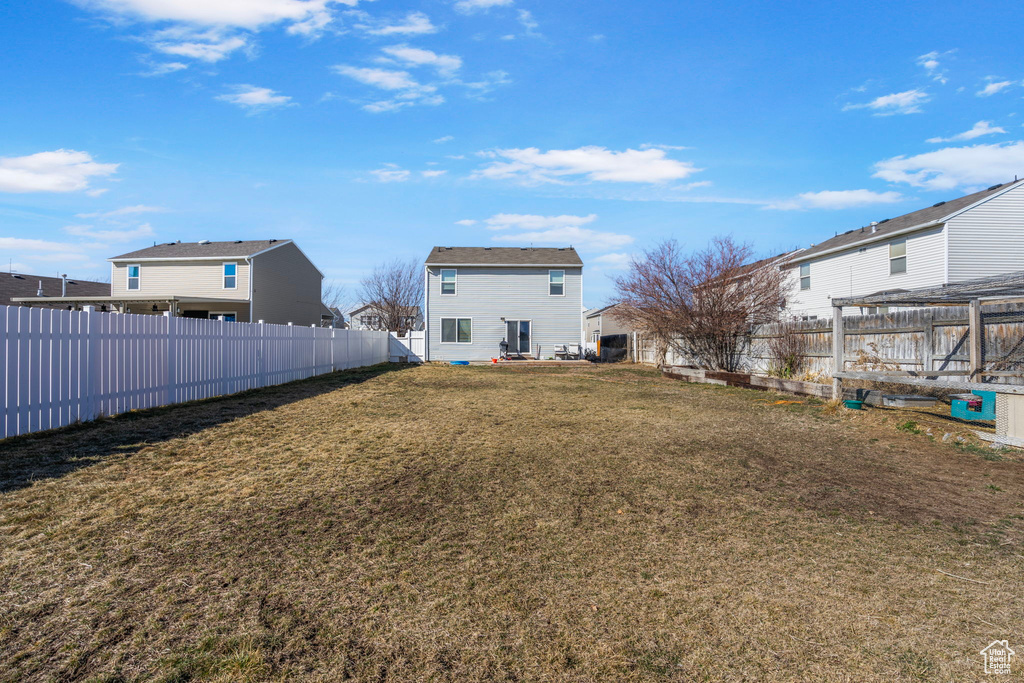 View of yard featuring a fenced backyard and a residential view