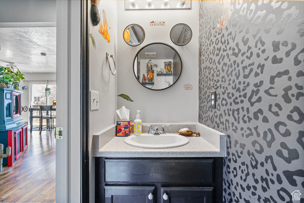 Bathroom featuring vanity, a textured ceiling, and wood finished floors