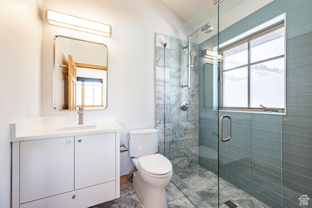 Bathroom with toilet, a stall shower, vanity, and vaulted ceiling