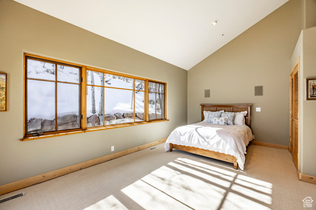 Carpeted bedroom featuring multiple windows, high vaulted ceiling, and baseboards